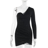 Fall 2025 New Sexy Single Shoulder Long Sleeves Fold-Inflash-Bag Dress Woman DJPT