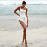 Women Decorate Body Solid Sleeveless Cord Drawstrings Folding Short Dress DJPT