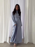 Summer New Fashion Temperament Breathable Waist-Watery Pure-Color Long-Sleeved Dress