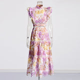 Bohemian Style Elegant Wind 2025 Summer Round Lead Flying Sleeves To Close The Waist Chopped Flower Long Dress Woman