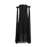 2025 New One-Word Three-Dimensional Flowers Splicing Shoulder Sexy Long Folding Long Folded Skirt Woman