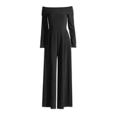 Famous Simple Wind 2025 Spring New Word Collar Long Sleeve Back Bow Design Long-Long Jumpsuit
