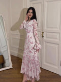 2024 Summer Chiffon Flower Leaf Sleeves Long-Sleeves Illustuff Irregular Dress