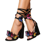 Heels Embroidered Three-Dimensional Velvet Bow Sandals Straps Thick Heel Sexy High Heel Women's Sandals High Quality Shoes