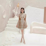 2025 Lace Water-Soluble Flower Hollow Dress Long Sleeve Brown Short Skirt
