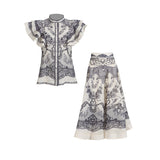 Bohemian Wind 2025 Spring New Neckline With Flying Sleeves To Close The Waist Print Medium Long Skirt Dress