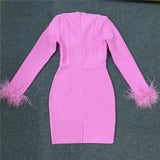 Women's Clothing 2025 Spring New Bandage Dress Elegant Square Collar Feathers Long-Sleeved Dress Dress