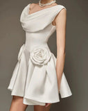 Temperament Sexy Elegant Baite Dress 2025 Summer New Collar Three-Dimensional Flowers Spliced A-Word Dress Dress Woman