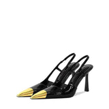 Forest Golden Iron Head Fine Heel Sandals Woman Black Mirror Behind The Empty Square High Heels High Quality Shoes