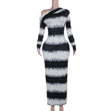 Autumn New Dizzened Black And White Striped Asymmetrical Shoulder Heap Long Sleeve Dress Woman DJPT