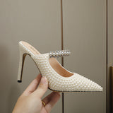Women's Shoes Brand White Pearl Tip High Heel Fashion Half-Empty Ladies Sandals High Quality Shoes