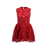 Elegant Style Lace Flower Sleeveless Short Dress 2025 New Round Neck Waist High-Waisted Dress Women's Summer