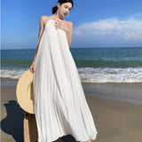 Seaside Resort Heavy Industry Pressure Folds Loose Thin Back Big White Dress Women Summer