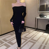Big Show Back Black Brooch Knitted Dress High-End Famous Temperament Pure Shoulder Dress Dress