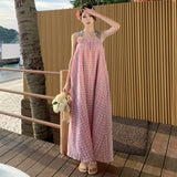 New Thai Sanya Beach Holiday Loose Retro Lattice Long Hanging Neck Tset Dress Summer