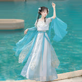 Design Blue Water Han Suit Women Dunhuang Western Wind Coat Slings Half Skirt Set 9061