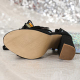 Heels Embroidered Three-Dimensional Velvet Bow Sandals Straps Thick Heel Sexy High Heel Women's Sandals High Quality Shoes