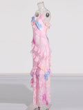 Suspension Dresses Spring 2025 New Fashion Pink-Print Leaf-Side Dress Woman