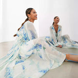 Women's Printed Chiffon Dress V Collar Folded Waist Drawstring Long Sleeve 8042 HZ0628