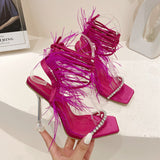 2025 New Catwalk Square Women's Shoes Water Drill Feathers With Summer High-Heeled Sandals Women High Quality Shoes