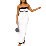 Women's Striped Splicing Bra Casual Sexy Bag Hip Dress Long Dress