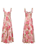 Summer Designer Tide Brand NA Rose Print Retro Goddess Slinging Low-Breasted Holiday Style Dress