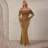 Autumn 2025 New Sexy Dress Temperament Body-Slid One-Word Shoulder Dress Woman DJPT