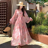 And Autumn 2024 New Pink Long-Sleeved Broken Flower V-Neck Dress To Close The Waist Lantern Sleeve Holiday Beach Skirt