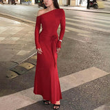 Autumn 2025 New Bag Ass Dress Famous Style Temperament Sex-Slanted Shoulder Long-Sleeved Dress Woman DJPT