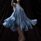 New Sweet Holiday Wind Blue Sling Skirt Summer Lotus Leaf Side-Dew Short Skirt