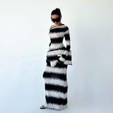Autumn New Dizzened Black And White Striped Asymmetrical Shoulder Heap Long Sleeve Dress Woman DJPT