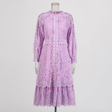 Bohemian 2025 Summer New Round-Neck Long Sleeve Zipper Design Solid Color Long Lace Dress