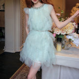Fashion Temperament Sleeveless Dress 2024 New Famous Light Luxury Mesh Diamond Collar Skirt