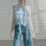 2025 Spring And Summer Ice Blue Wave Ribbon Lace Strapped Clothes