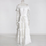 Court Style 2025 New Heavy Industry Lotus Leaf Side Shoulder Shoulder Lace Dress Solid Color Dress Woman