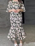 East 2024 Spring New Printing Waist Thin Exotic Style Long-Sleeved Long-Sleeved Dress Woman