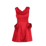 Summer New Round Neckless Design High-Waist Three-Dimensional Flowers Spliced Solid Color French Retro Short Skirt Woman