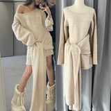 Sanguan With The Same Gentle White Tea Lazy Version Of The Loose Knitted Shirt Shoulder Dress Shoulder