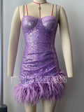 Women's Dress Sexy Tight Skirt Dress Artificial Hair Belt Purple Squine Sling Skirt