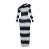 Autumn New Dizzened Black And White Striped Asymmetrical Shoulder Heap Long Sleeve Dress Woman DJPT