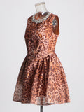 High-End Leopard Print Skirt 2025 Summer New Round Collar Diamond Waist Dress Dress Woman