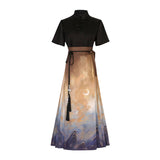 Design Blazed Gold Chinese Style Improvement Han Element Women's Short-Sleeved Top Skirt Dress Set 7065