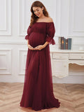 Dress Short Sleeves Solid-Colored Pregnant Women's Dress Tulle Long Pregnant Dress Maternity
