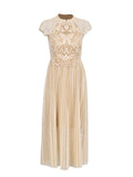 Wind Champagne Embroidered Dress Mid-Long Dress 2025 New Female Collar Bag Sleeve Design Waist Dress