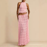 Women's New Sleeveless Hanging Neck Top Half Dress Two Sets HZ0628