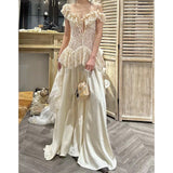 Design Lace Stitching Dress Retro Temperament Shoulder Light Luxury Dress 2024 New Model