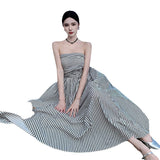 Summer New One-Word Collar Folds To Repair Height Waist A-Shaped Skirt Striped Beach Dress Woman