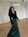 Autumn Fashion Temperament Velvet Splicing V-Neck Intellectual Belt Long Dress