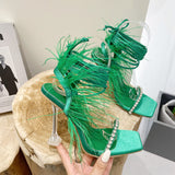 2025 New Catwalk Square Women's Shoes Water Drill Feathers With Summer High-Heeled Sandals Women High Quality Shoes