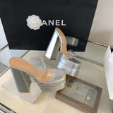 Year Thick High Heel Waterproof Waterproof Table Thick High Heel Transparent Water Drill High Heel Sandals Slippers 15 Cm One-Word Drag High Quality Shoes